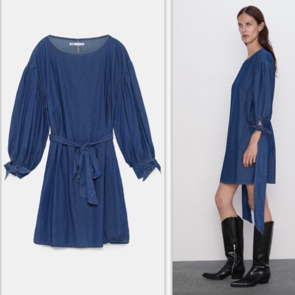 Zara Dress With Voluminous Sleeves Dark Blue NWT - Picture 2 of 7